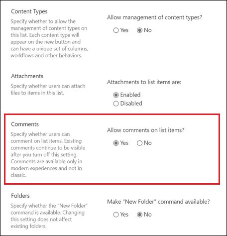 Under “Allow comments on list items”, 